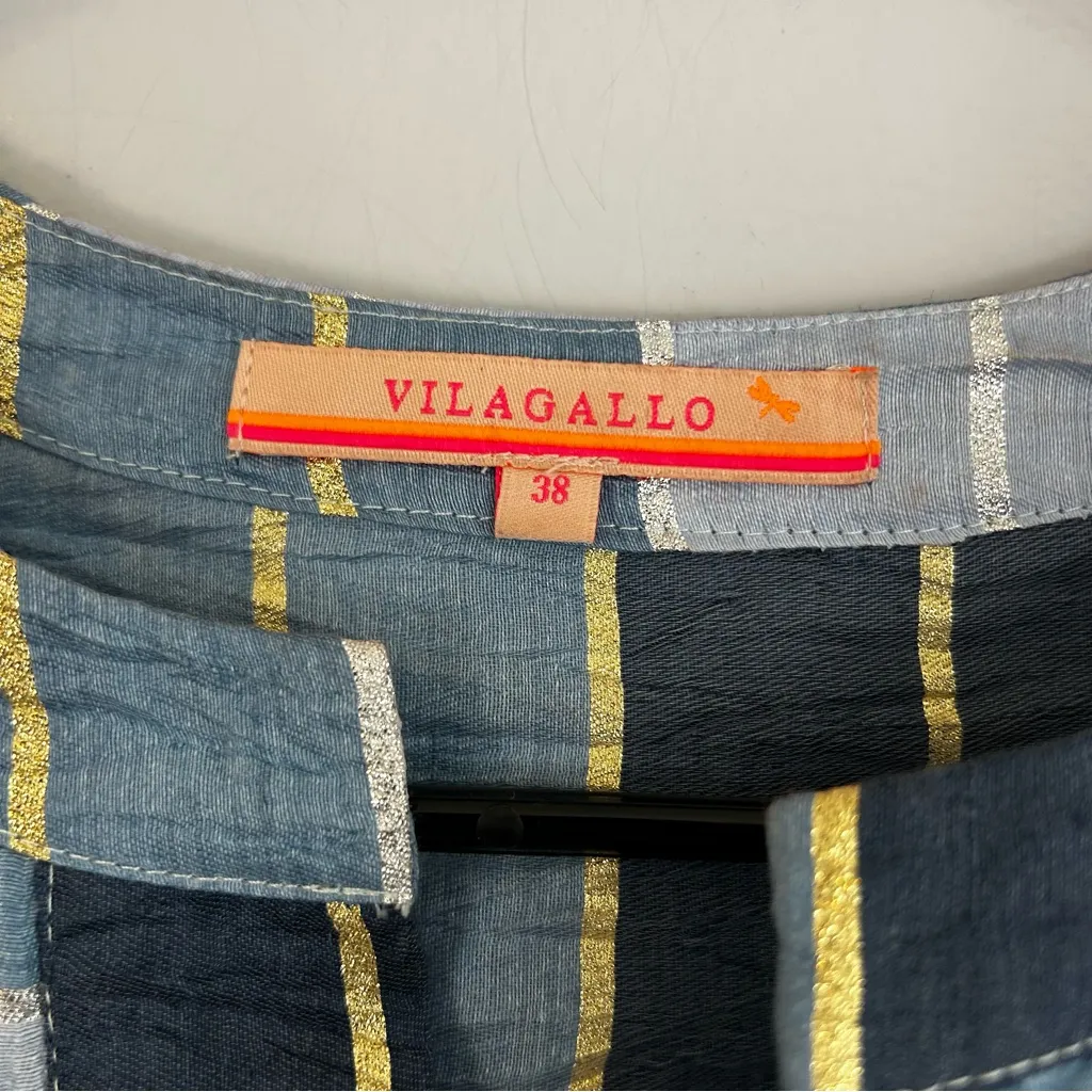 Vilagallo Blue Metallic Striped Split Neck Linen Blend Popover Blouse Size 8 - Image 11