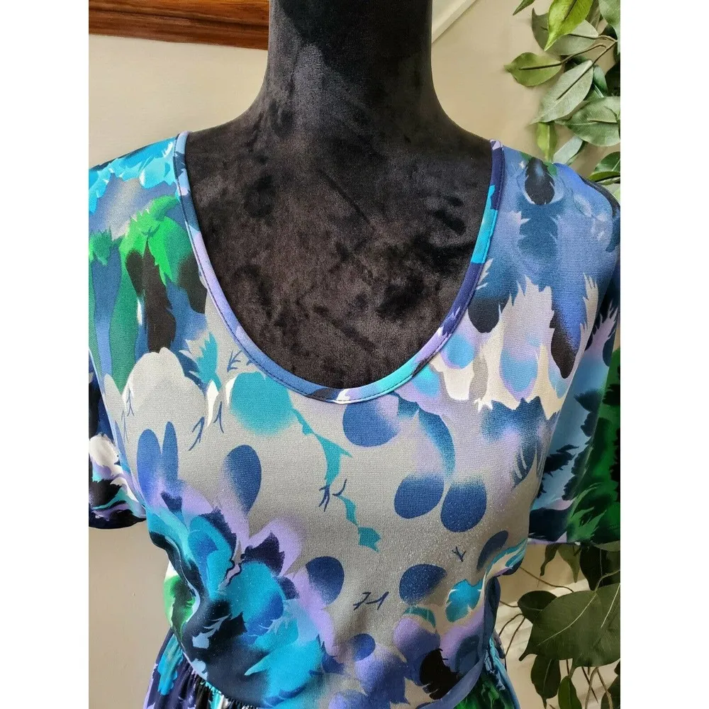 NY Collections Women Blue Polyester Round Neck Short Sleeve Knee Length Dress M - Image 5