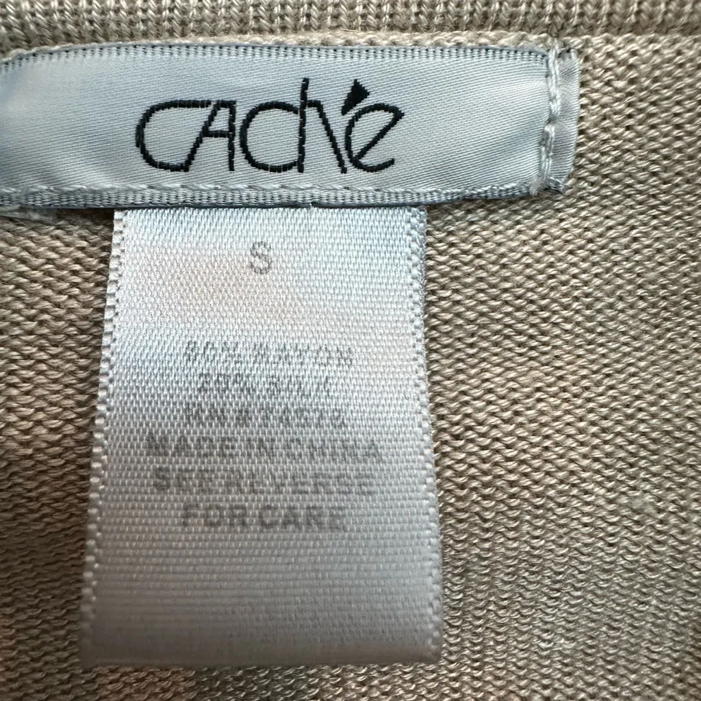 Vintage Cache Knit Silk Blend Tan Cardigan Gold Sequin Floral Embroidery Size S - Image 11