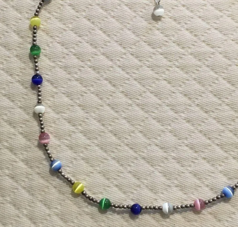 VTG Sterling Silver Multicolor Cats Eye Station Beaded Choker Necklace Extension - Image 13