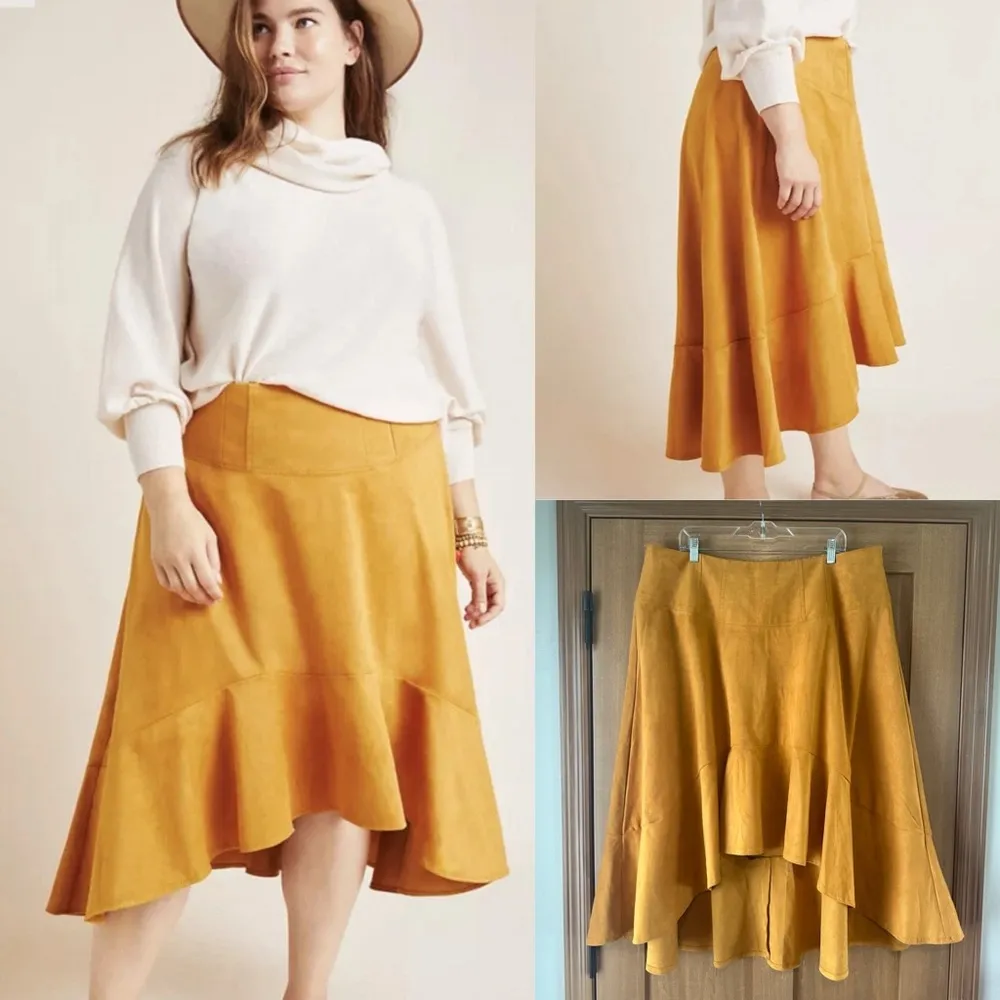 Maeve Anthropologie Cosima Flounced Hi-Low Suede Midi Skirt Mustard size 16W​ - Image 2