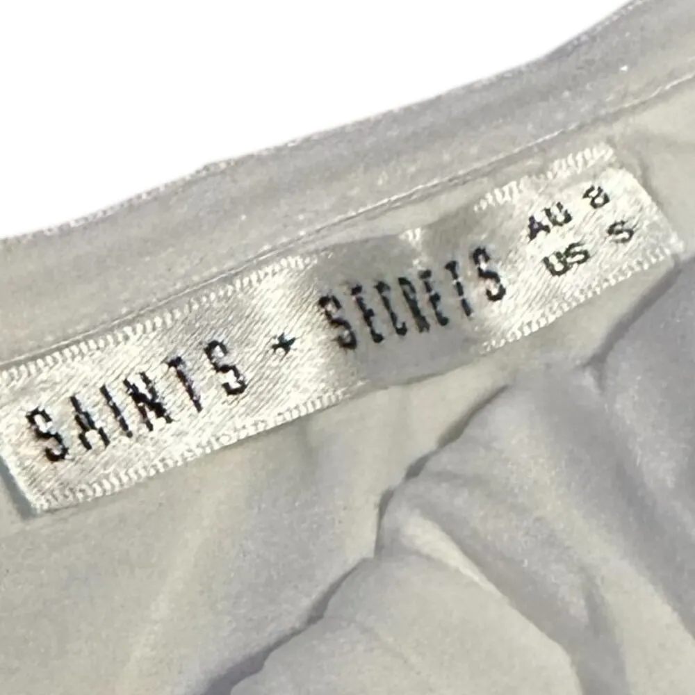 Saints + Secrets White Mini Dress Long Sleeve Back Tie Flowy Ruffle Size Small - Image 11