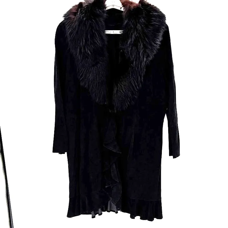 Vintage suede fur collar long coat size L western NFR skijoring cabin whimsigoth Black Size L - Image 3