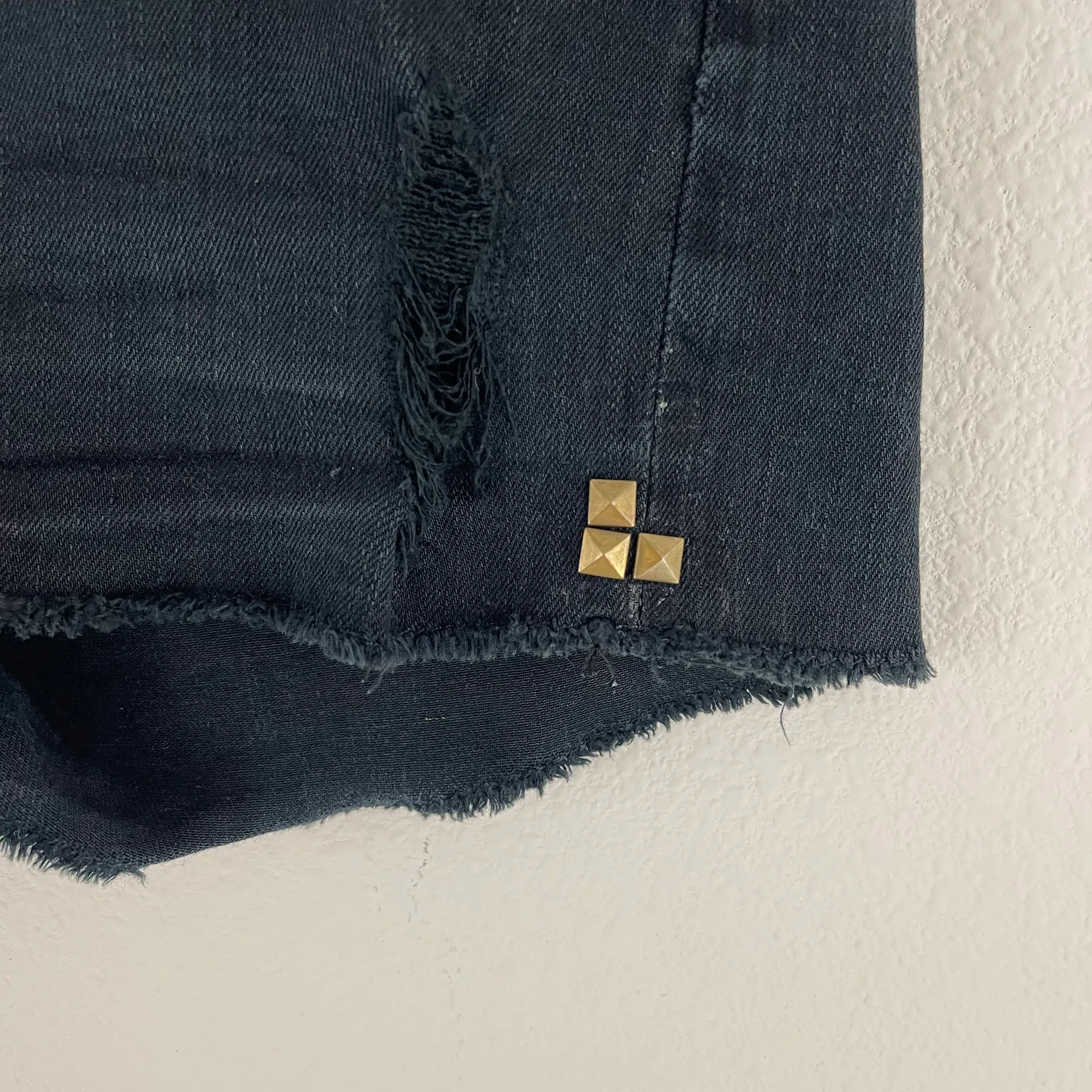 Black Denim Distressed Raw Hem Low Rise Gold Studded Malibu Short - Image 4