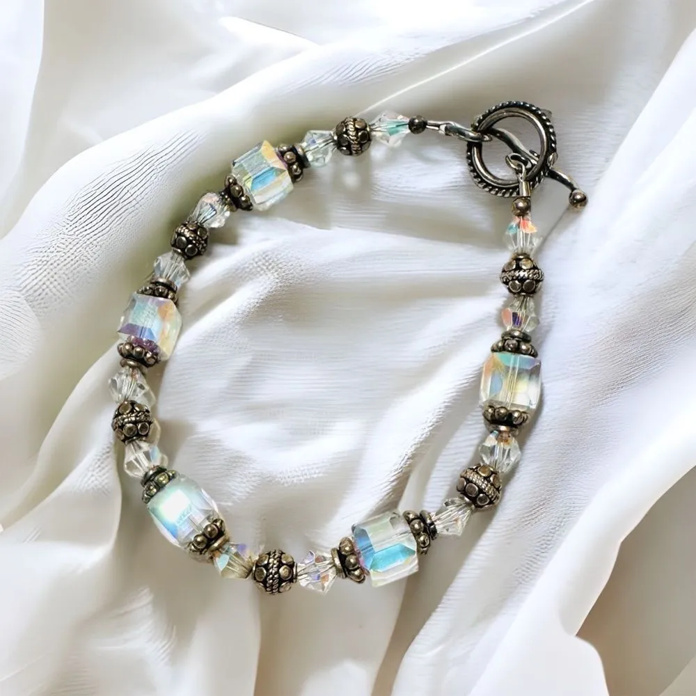 Vintage Sterling Silver Austrian Crystal Toggle Bracelet Silver - Image 5