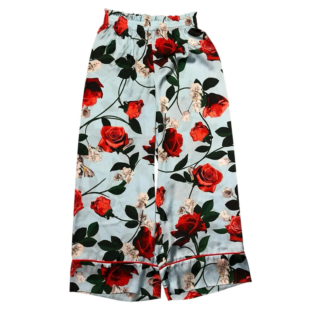 Alice + Olivia Blue Floral Satin Wide Leg Crop Pull On Pants XS 26” Inseam - Image 4