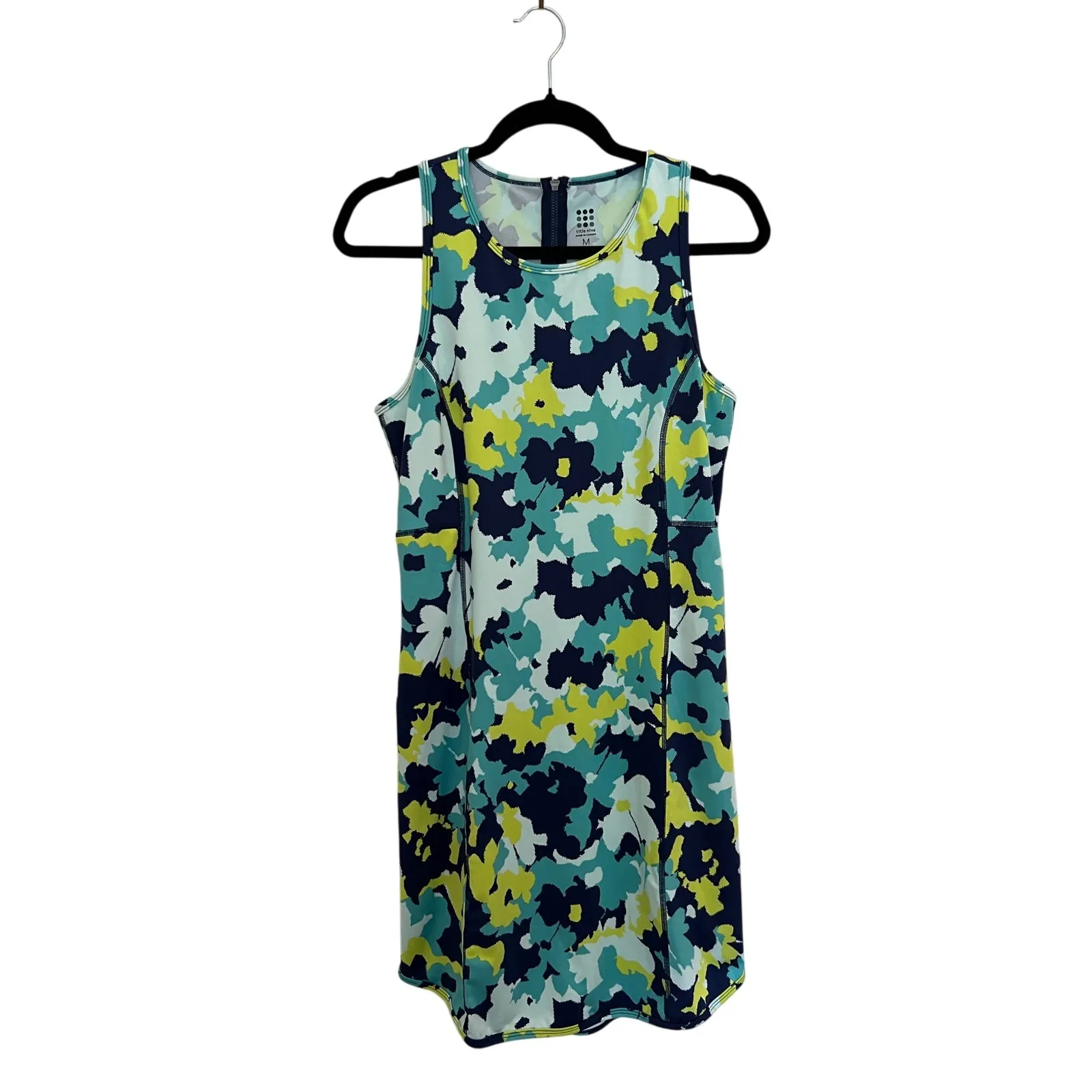Title Nine Floral Athletic Dress Blue Green Yellow Sleeveless Zip Back Pockets - Image 3