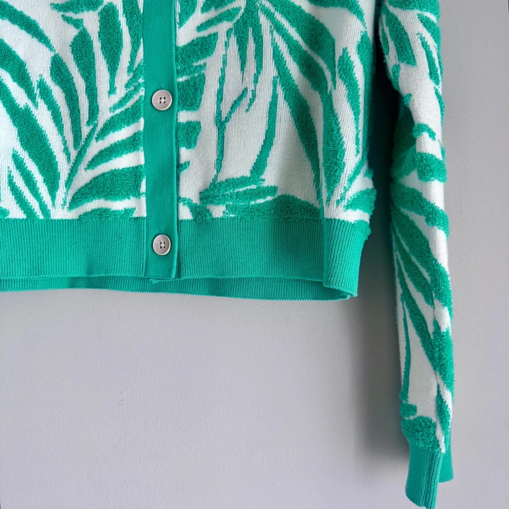 Cynthia Rowley Green Leaf Pattern Terry Cloth Button Front Cardigan Sweater Med - Image 4