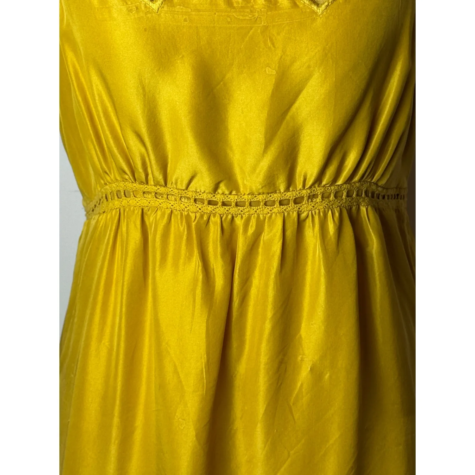 Viola Dress Women 6 Yellow Silk Mesh Trim Crochet Tie‎ Waist Midi Boho Cottage - Image 9