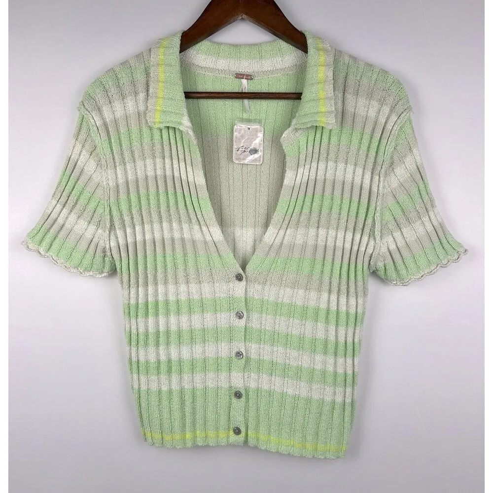 Free People Cardi Cardigan Green Stripes Buttoned Top Sz L - Image 5