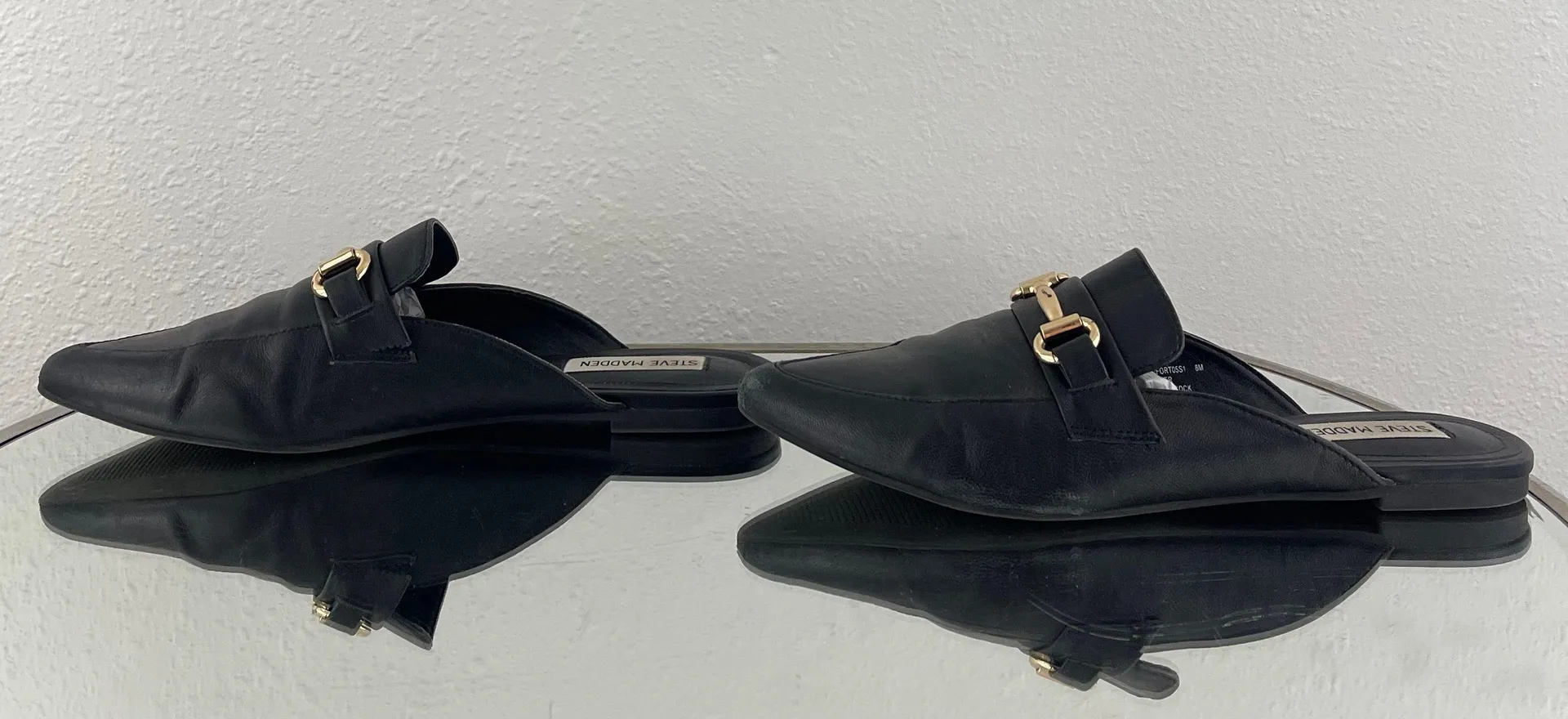 Black Leather Fortress Horse Bit Pointed Toe Slip On Loafer Mules - Image 11