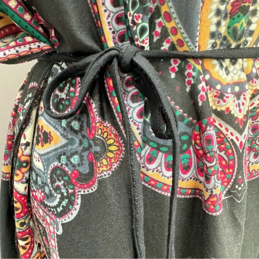 Funky People Black & Jewel Tones Paisley Boho Flutter Sleeve Tie Waist Dress L Size L - Image 7