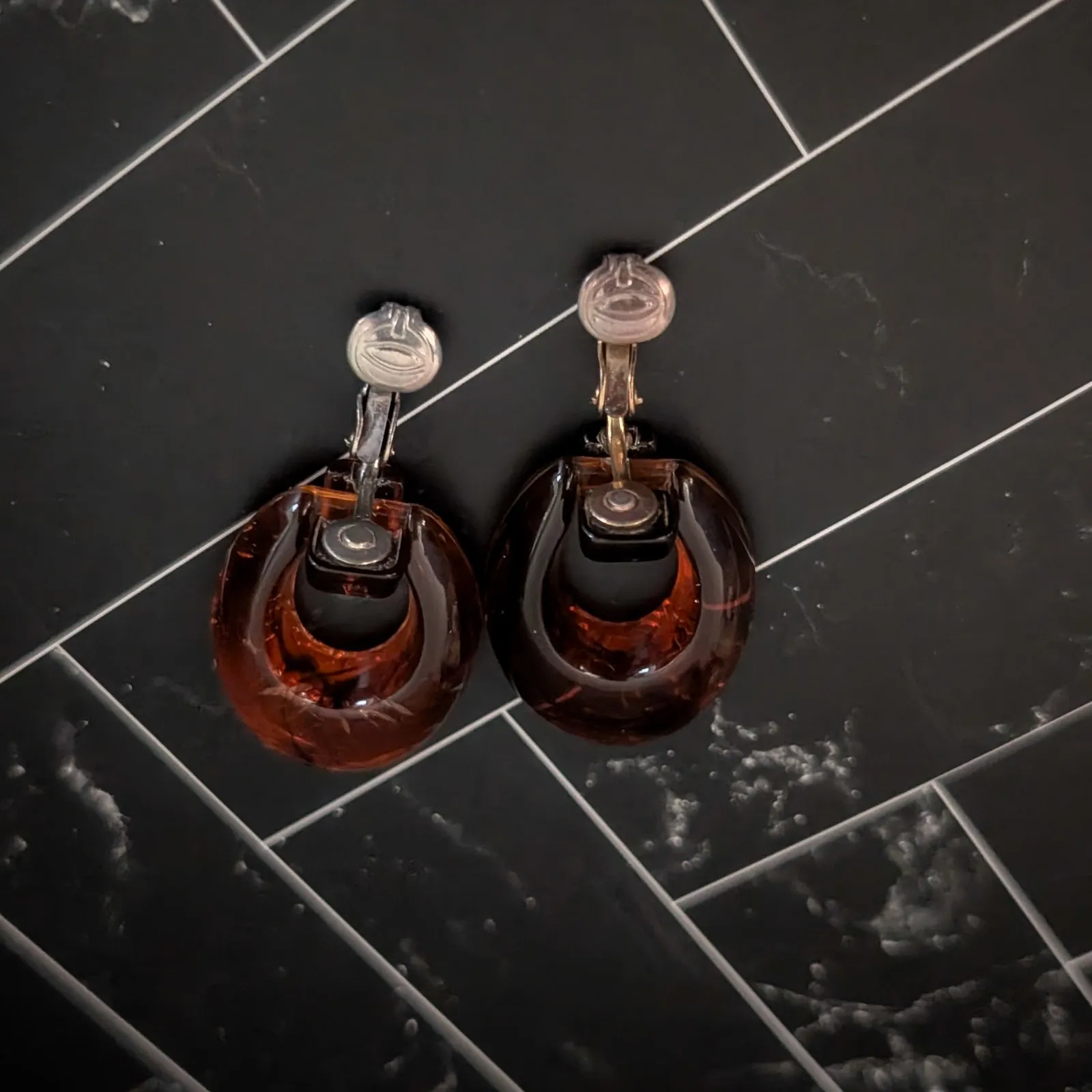 Vintage Clip On Earrings Dark Amber Tone Dangle - Image 8