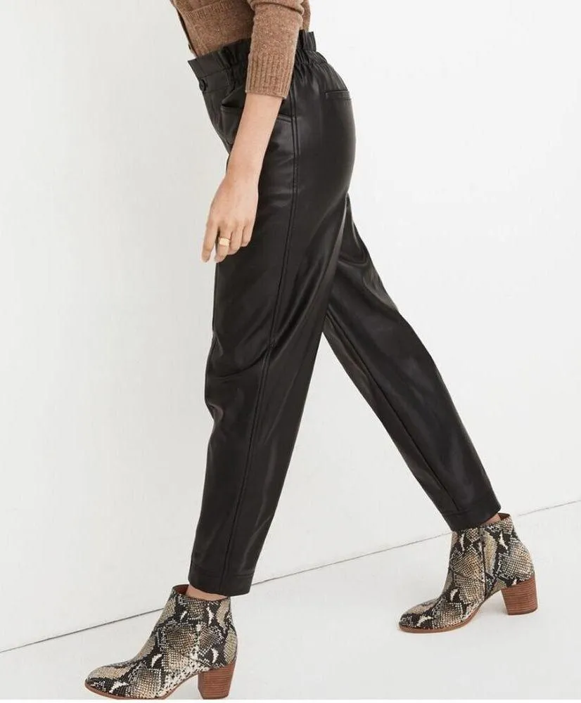 Madewell Black Faux Vegan Leather Pull-On High Rise Paperbag Pants Women’s 8 - Image 13