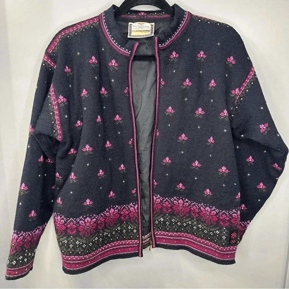 Vintage Dale of Norway Salt Lake City Olympics 2002 Full Zip Wool Sweater Medium Black - Image 6