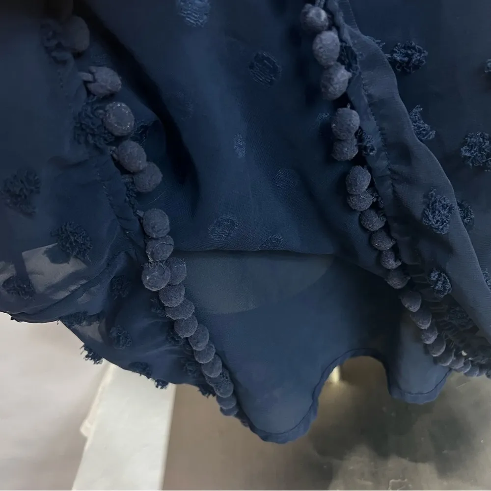 Umgee Swiss Dot Smocked Bodice Dress Size S Pom Pom Blue - Image 8