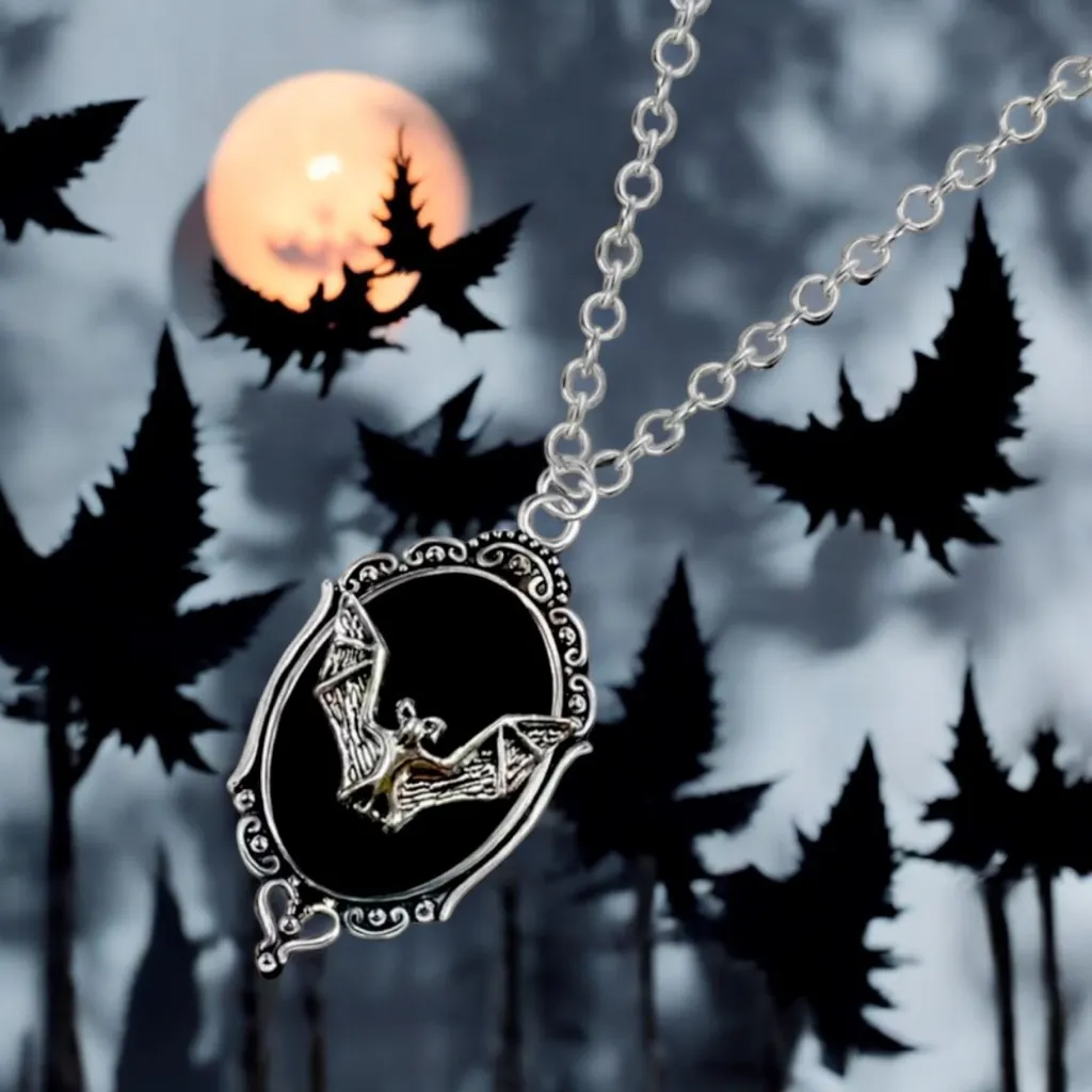 Retro Gothic Style Oval Vampire Bat Pendant Necklace Fashion Collarbone Chain‎ Silver - Image 5