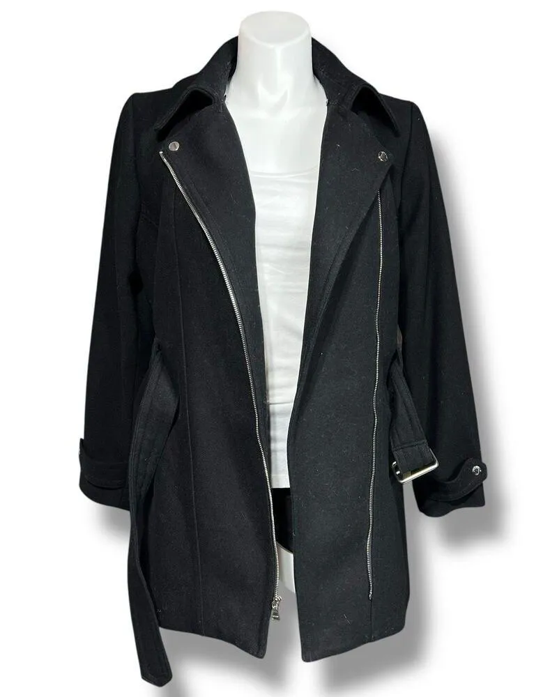 Express Womens Wool Blend Jacket Belted Asymmetrical Zip Trench Coat Black XL - Image 7