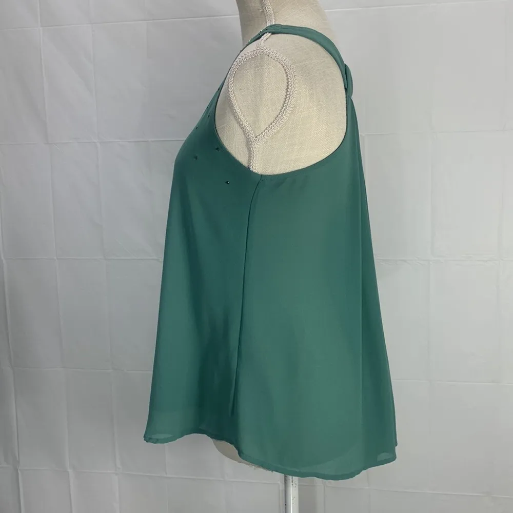 Chiffon Pleated Back Sage Green Studded Sleeveless Blouse Tank Small - Image 5