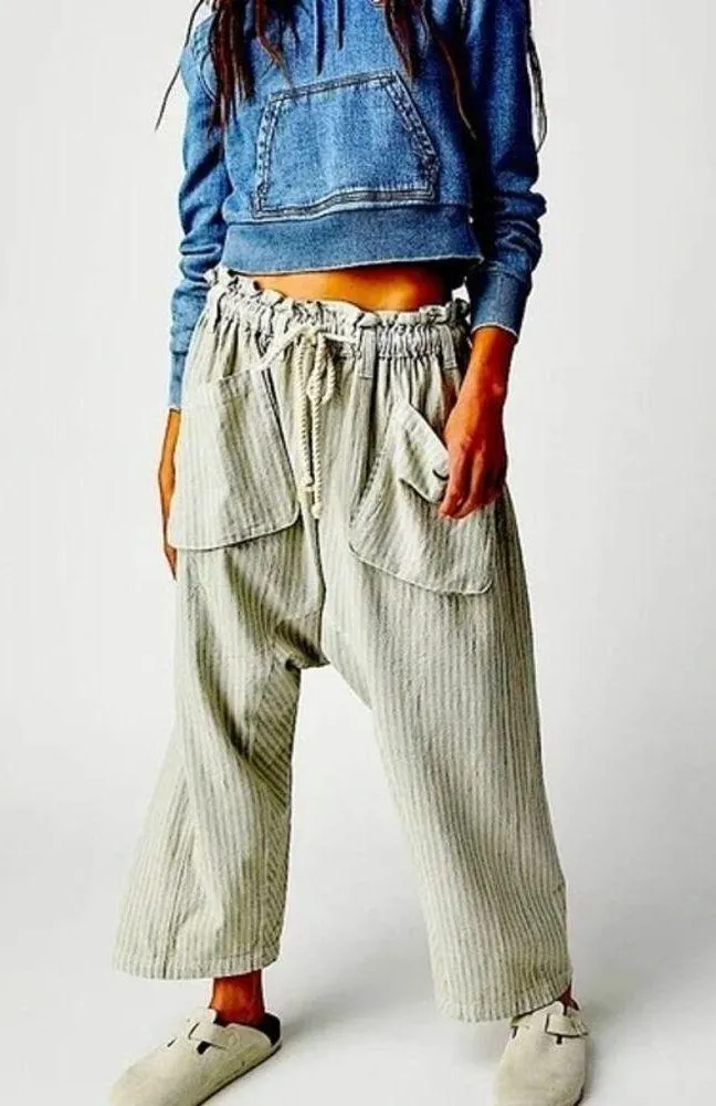 NEW Free People Runyon Oversized Stripe Pant Paperbag Tie Waist Small Blue Harem - Image 11