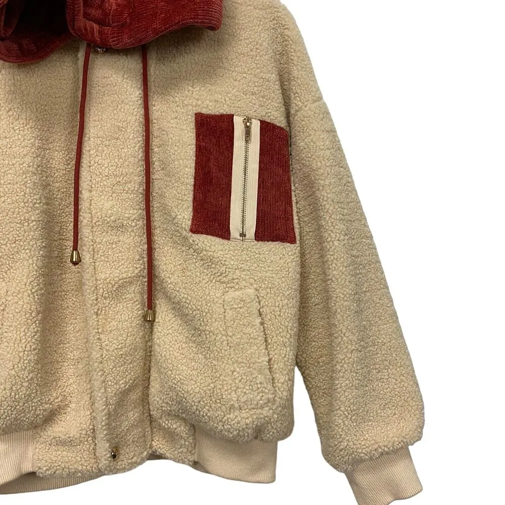 J.O.A Womens Faux Fur Patched Pocket Zip Hooded Teddy Coat Light Coffee Small - Image 4