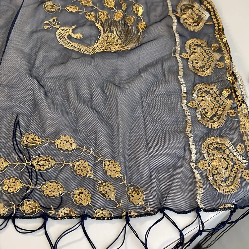 NWT Ellen Tracy Navy & Gold Peacock sequined wrap or scarf - Image 2
