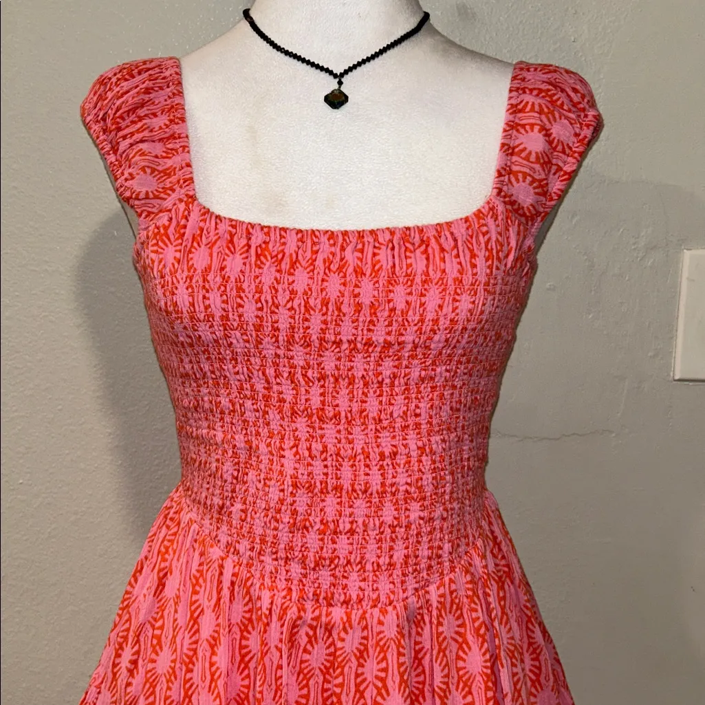 Free People Sweet Annie Mini Dress Pink Smocked Tiered Boho Size Small - Image 4