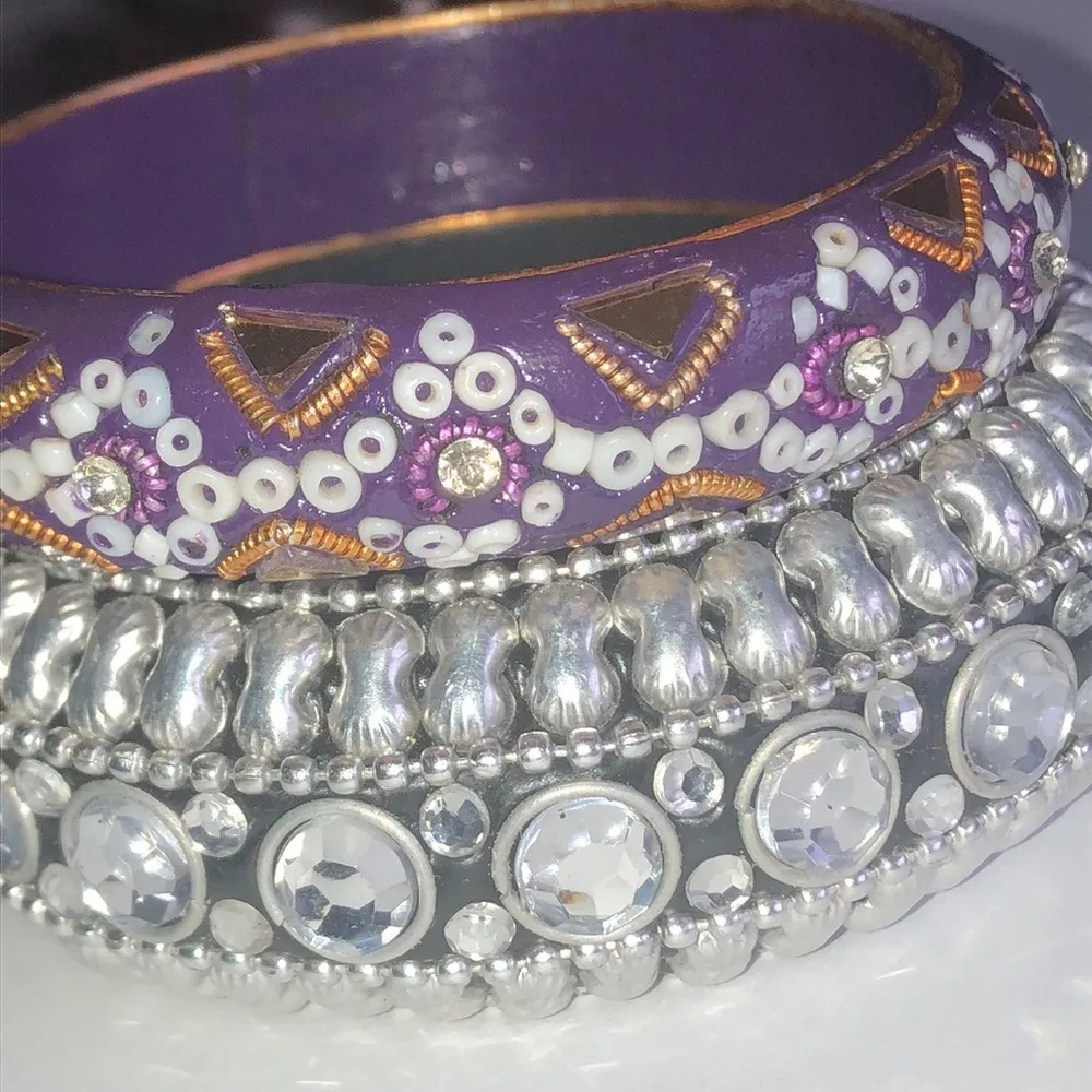 Purple & Silver Tone Boho Bangle Seed Bead Beaded Retro Bangle Bracelets - Image 3