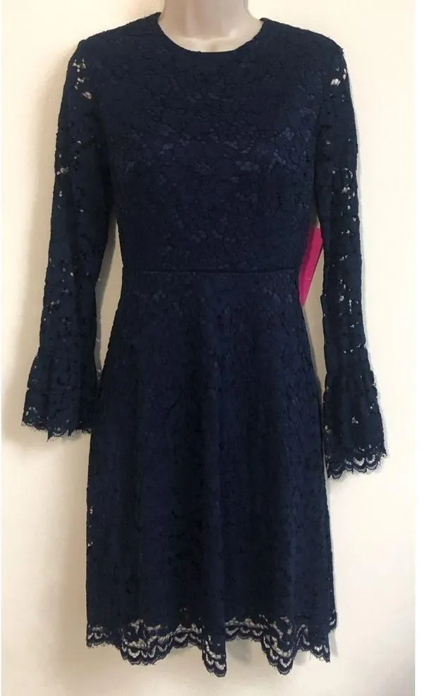 🆕 Betsey Johnson lace bell long sleeve mini dress 4 navy blue floral stretch - Image 3
