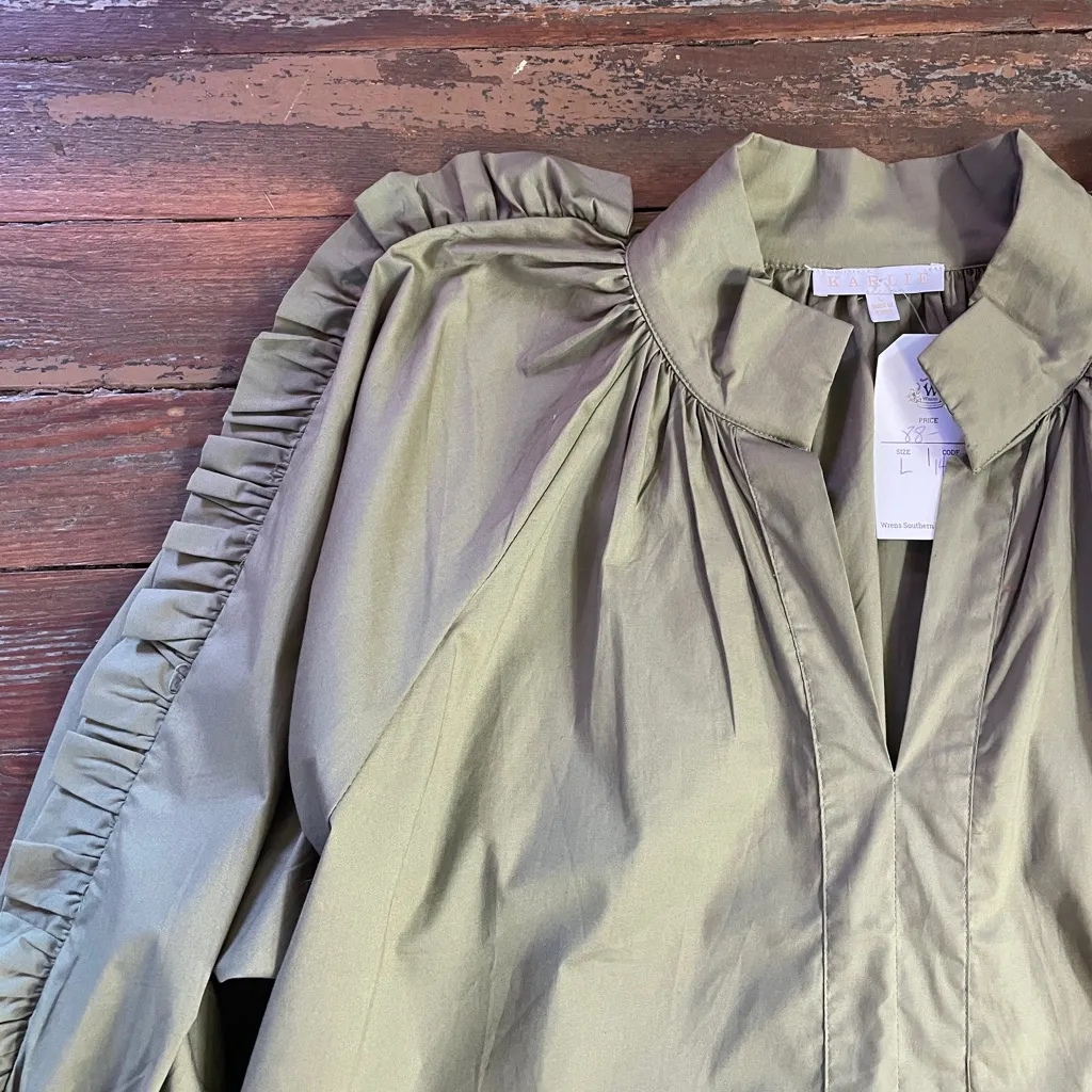 NWT Karlie Olive Green Ruffle Poplin Top with Puff Sleeves - Sz L 🧡🎀 - Image 8
