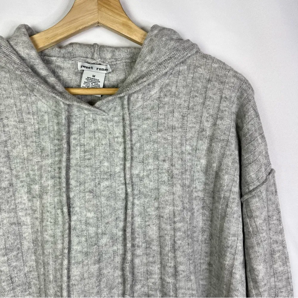 Sweet Romeo Heather Light Grey Ribbed Knit Hooded Sweater M - Image 3