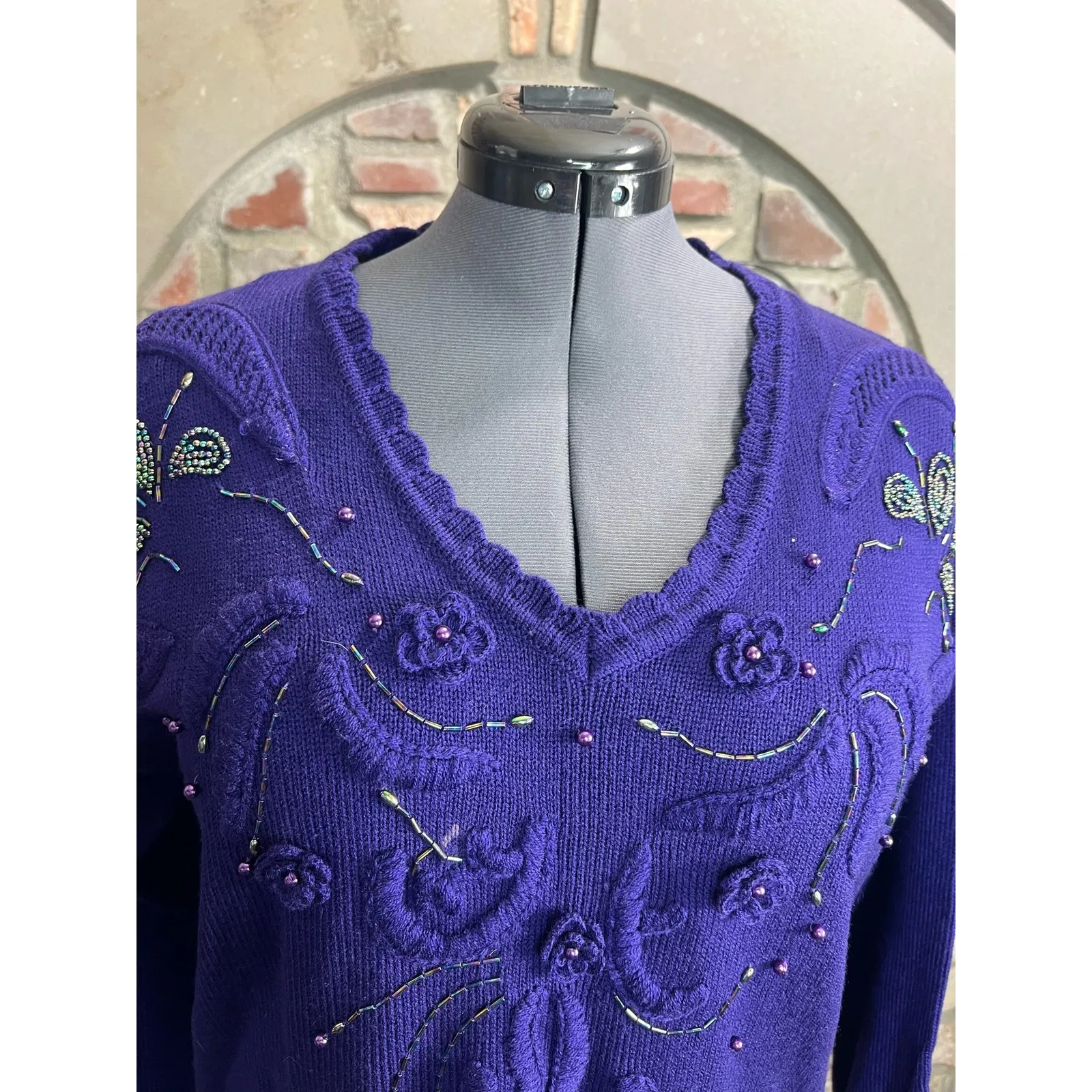 Sweater Dress beaded embellished glam 1980s shoulder pads purple Size M - Image 12