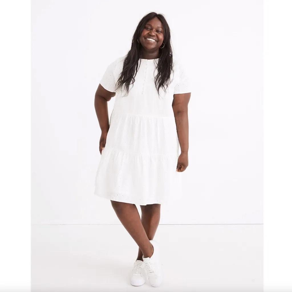 Madewell Plus Embroidered Eyelet Button-Front Tiered Mini Dress - Image 3