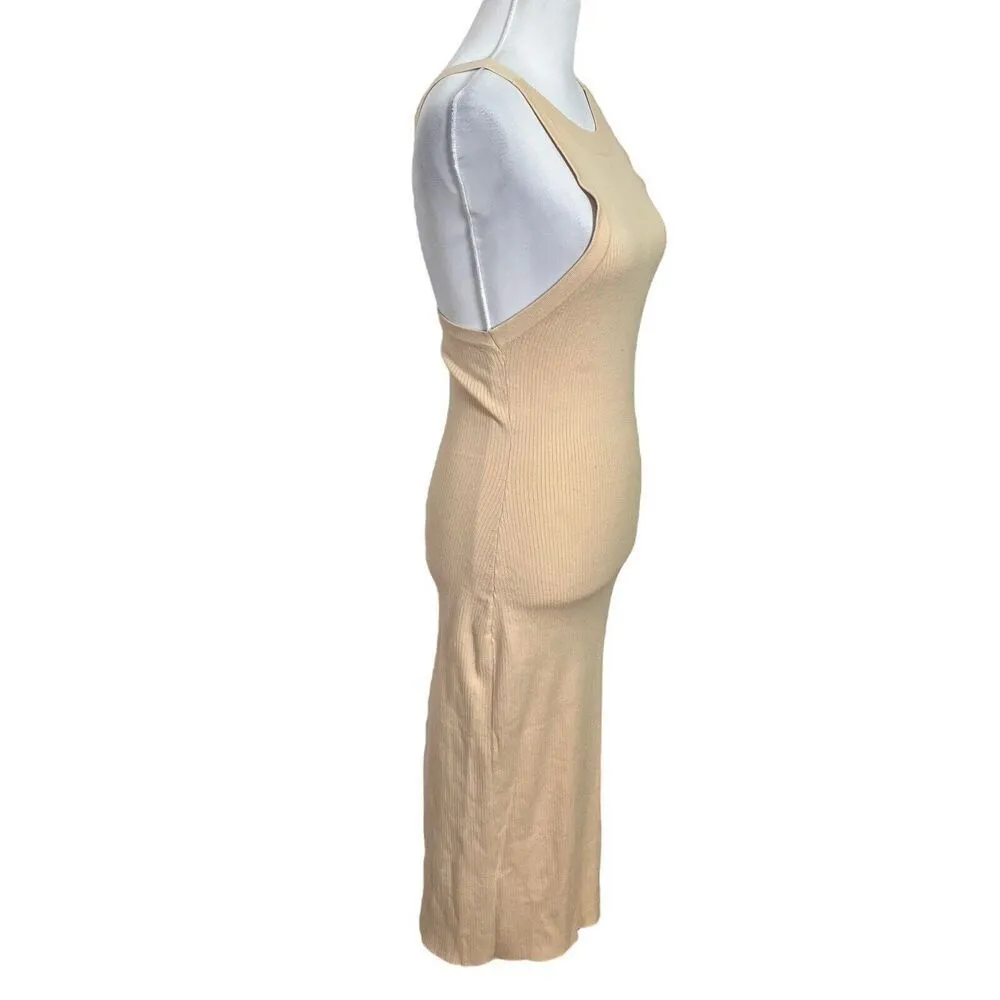 SNDYS Lucid Dress Ribbed Knit Midi Sleeveless Slit Sand Women’s Small Cotton - Image 3