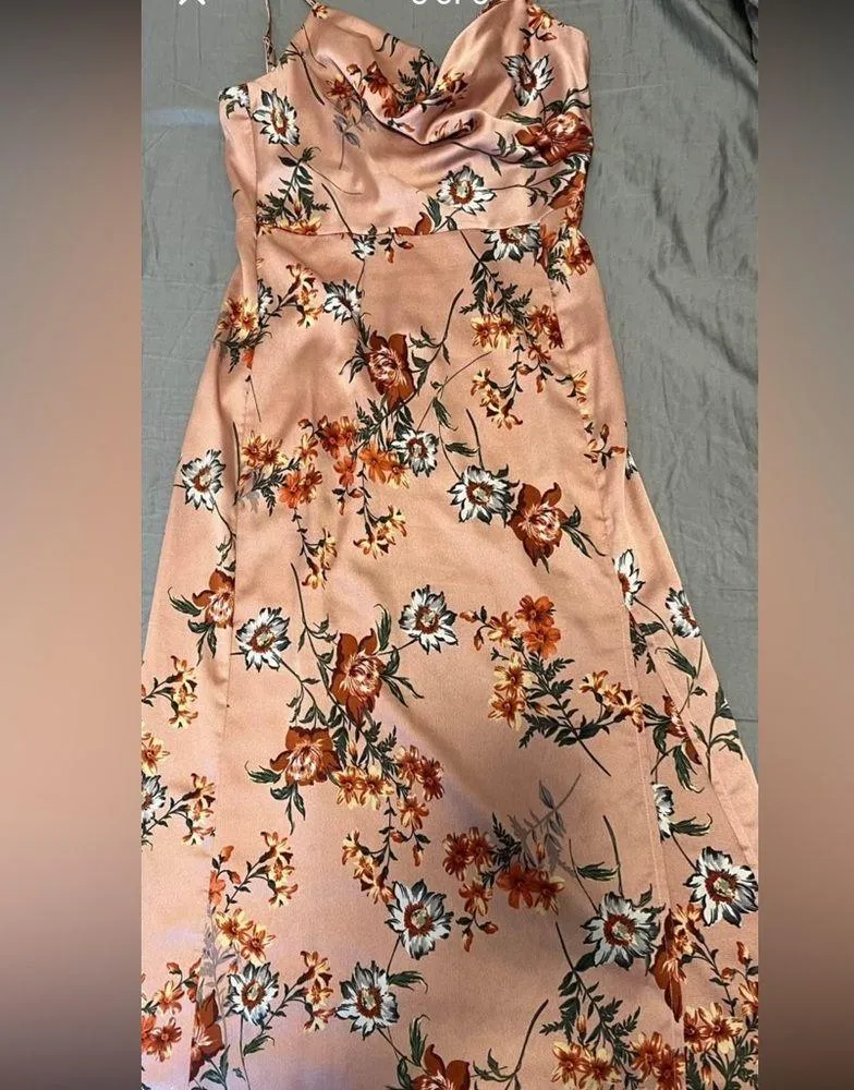 Floral Cowl Neck Dress with Slit Pink Size M - Image 5