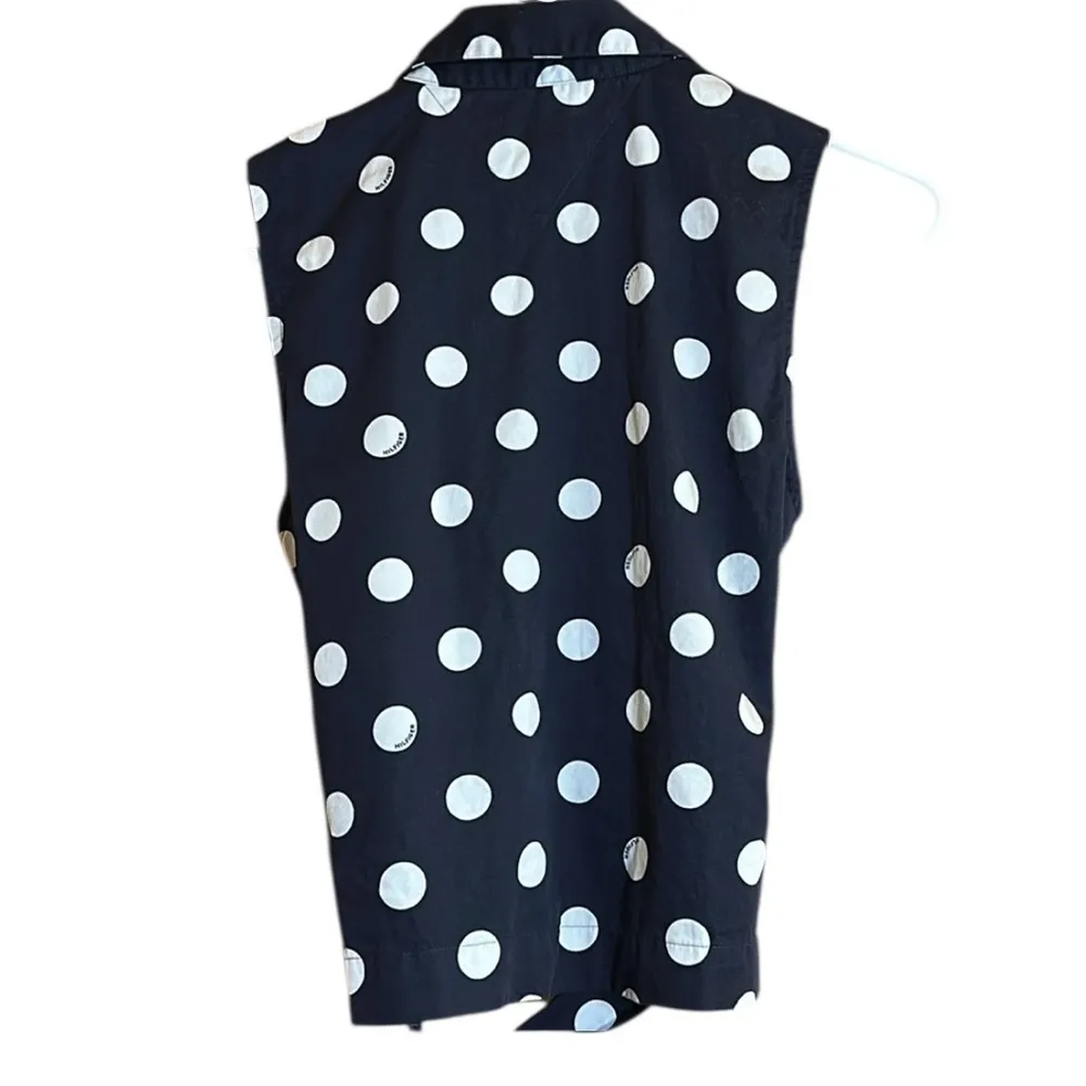 Tommy Hilfiger Navy Blue & White Polka Dot Sleeveless Wraparound Blouse - Image 6