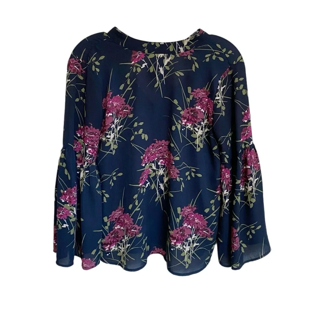 Loft Outlet Petite Blue/Plum/Green Floral Neck-Tie Top‎ Bell Sleeves - SP - Image 2