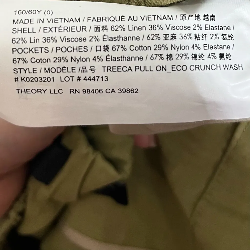 Theory Pants Women’s Size 0 Dark Olive Work Everyday Pull On Linen - Image 10