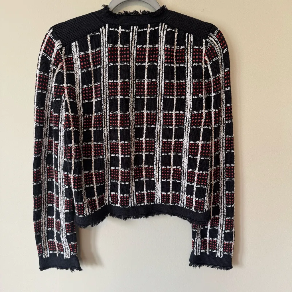 Milly Black Tweed Cardigan Red White Plaid Silver Buttons Size Medium - Image 7