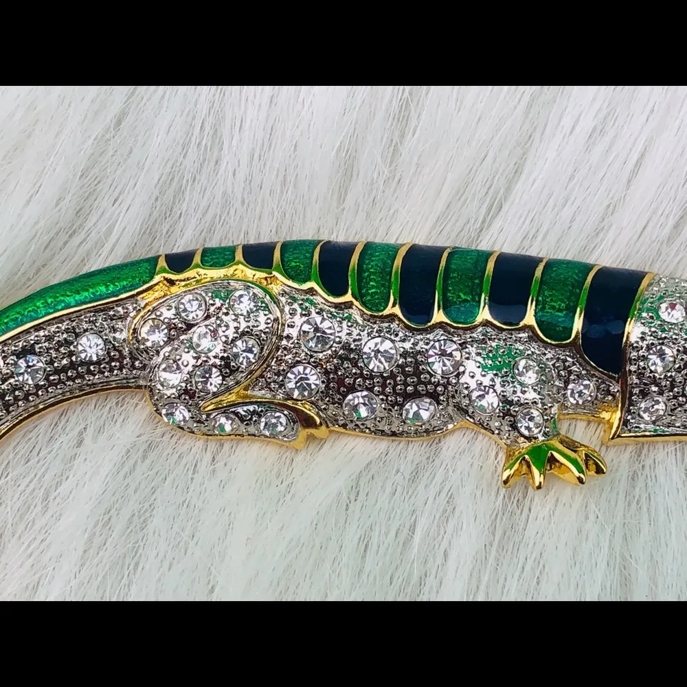 Gold Tone Blue And Green Crystal Alligator Brooch - Image 4