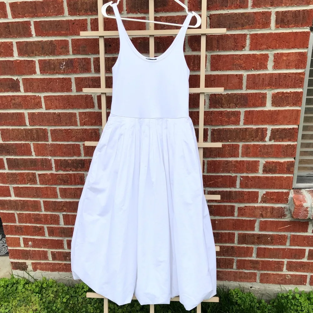 J CREW Fitted Knit Dress with Poplin Skirt In White Bubble Hem Midi Dres… - Image 10