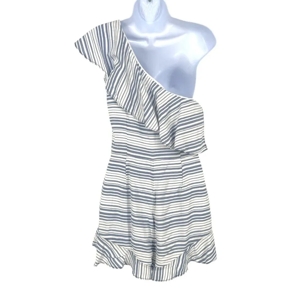 BB Dakota One-Shoulder Striped Ruffle Romper White Blue Size 2 - Image 7