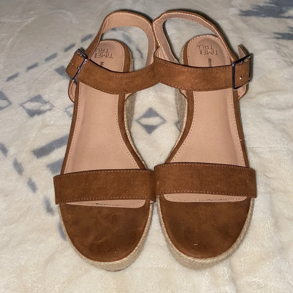 COGNAC ESPADRILLES PLATFORM SANDALS Brown Time & Tru MEMORY FOAM Tan Size 8 - Image 4