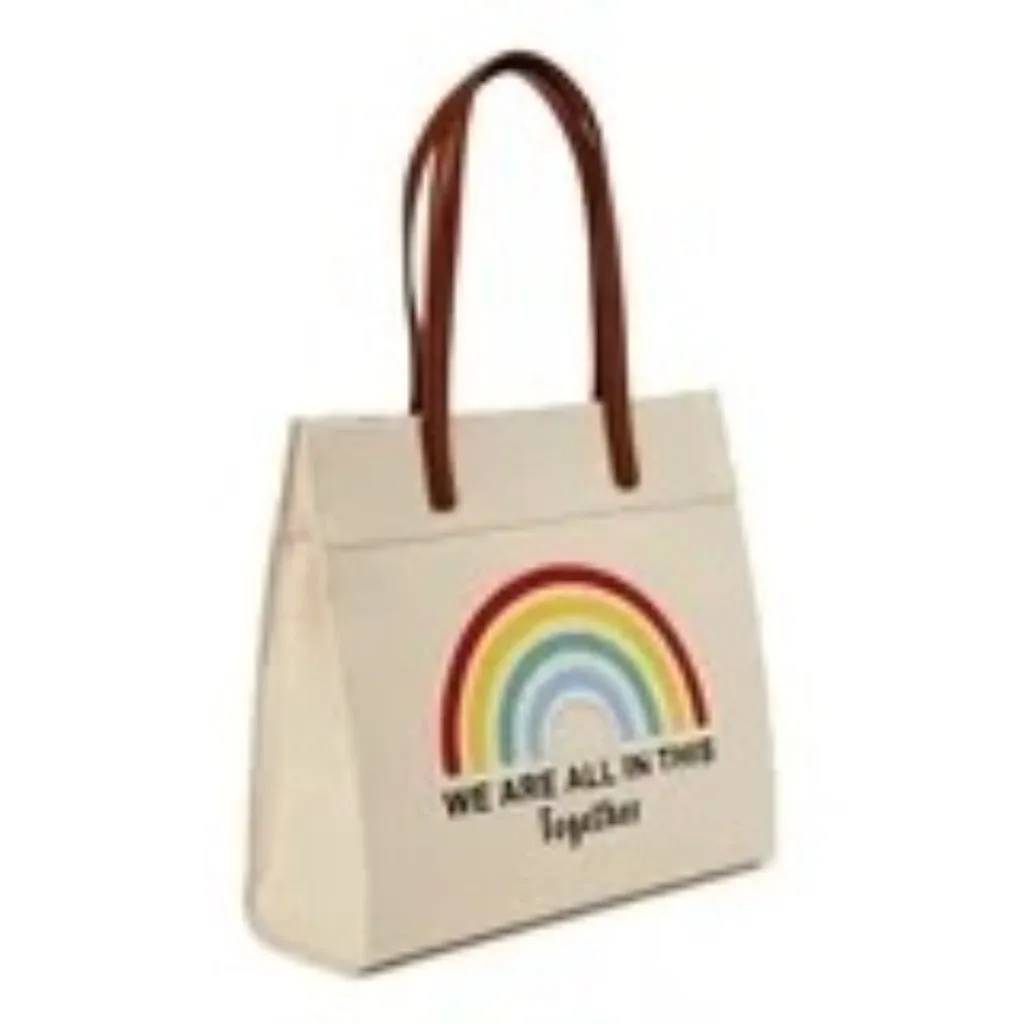 NWD Time Tru We Are All In This Together Canvas Beige Tote Bag Rainbow Positive Brown - Image 3