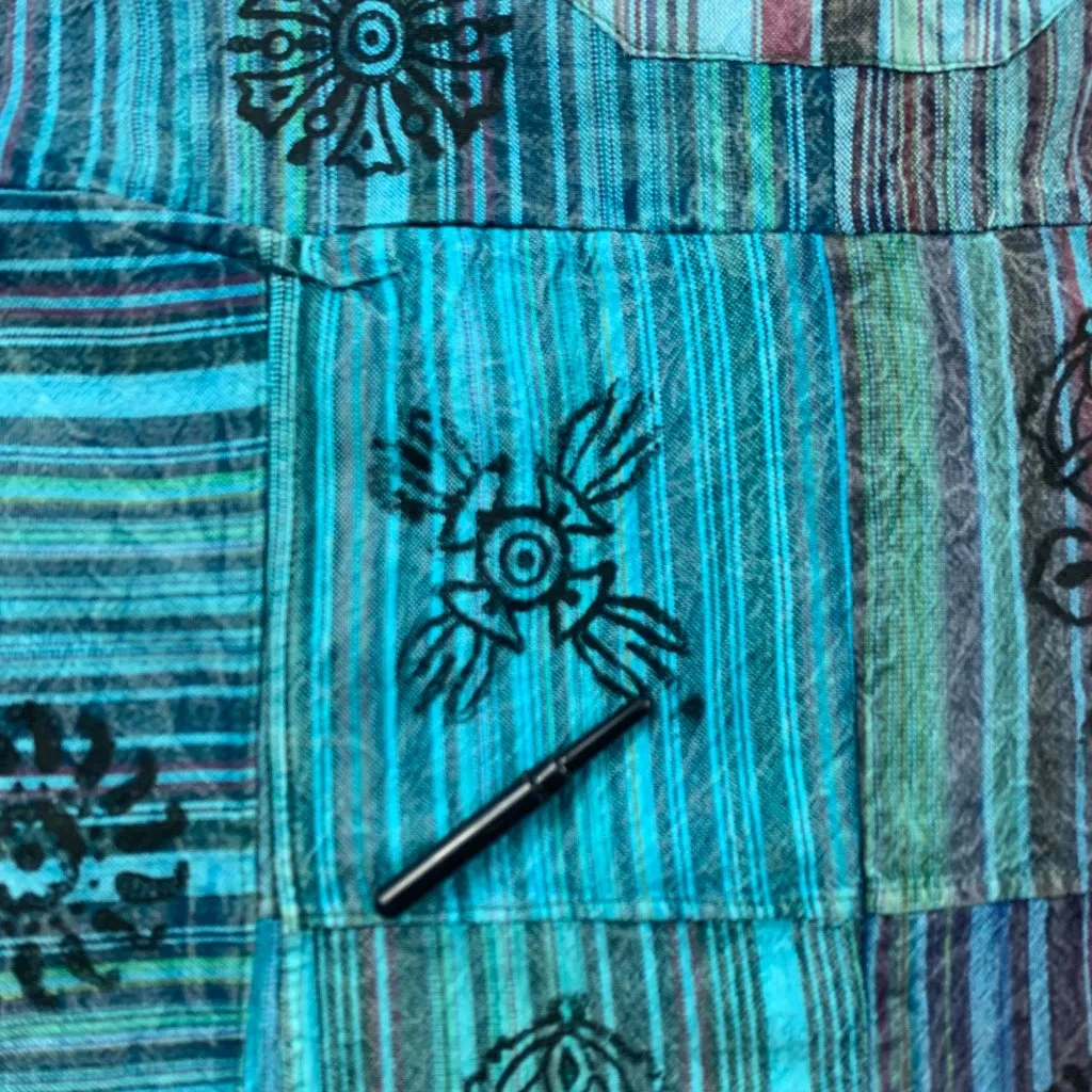 Vintage Wevez Turquoise Striped Cotton Stamp Print Relaxed Overalls One Size Blue Size undefined - Image 5