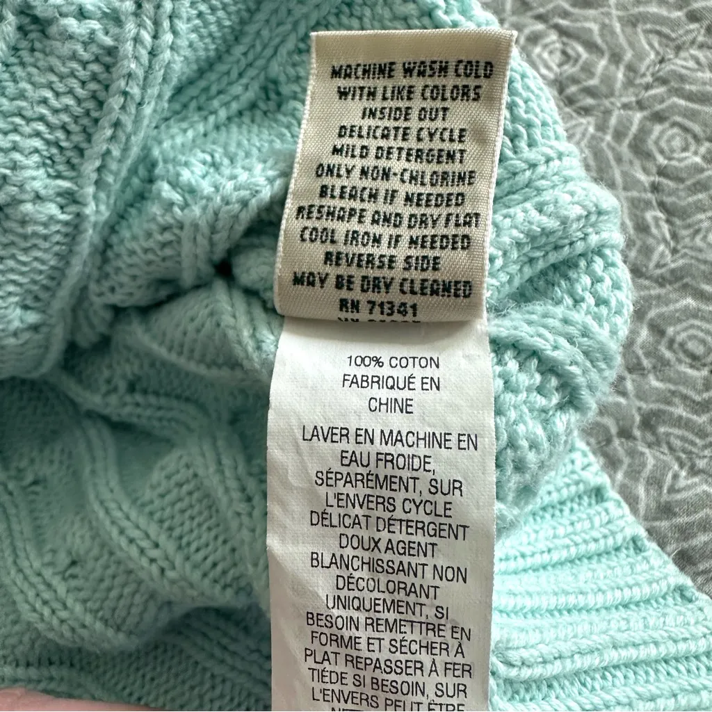 L.L. Bean Cable Knit Cotton Cardigan Sweater Light Aqua Blue Mint Size L Size L - Image 8