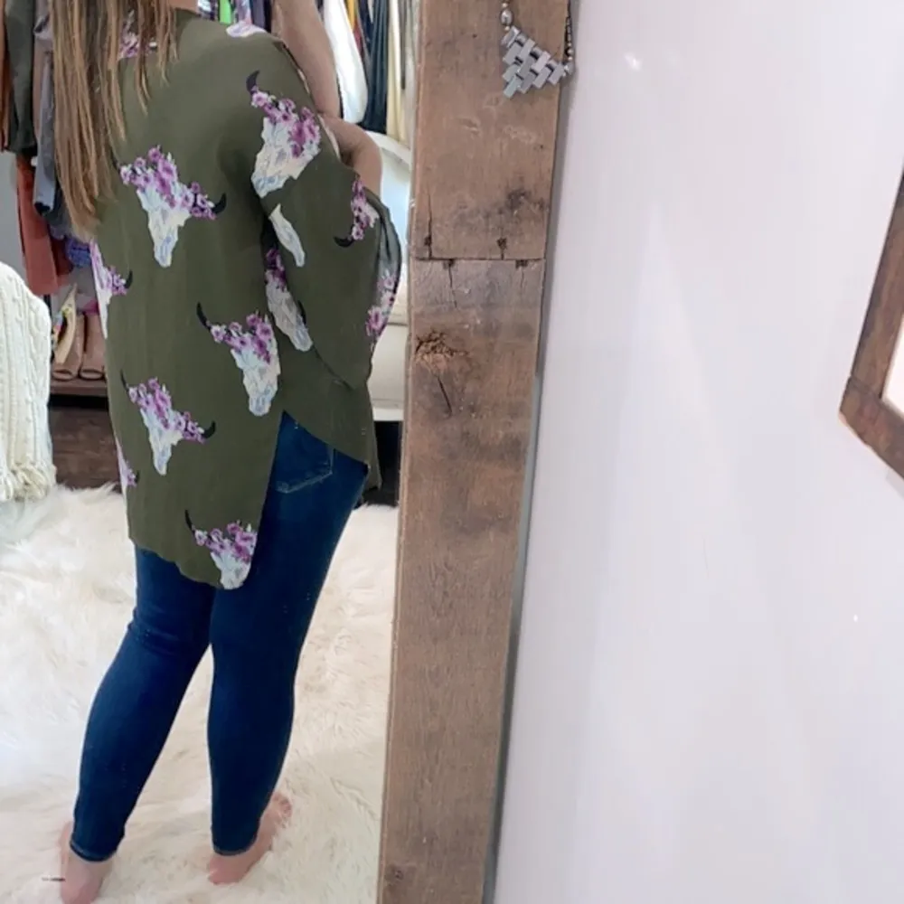 PEACH Love green Texas longhorn floral print kimono size small - Image 8