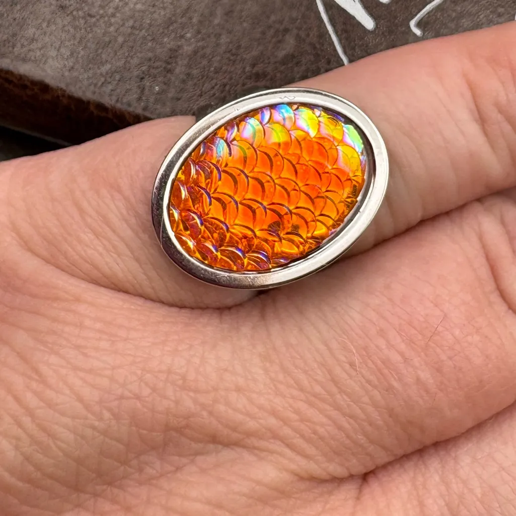Handmade Adjustable Stainless Steel Ring Iridescent Mermaid Scale Oval Cabochon Orange - Image 4