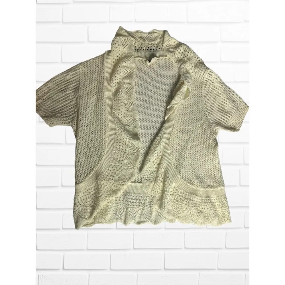 Sweet Kizz Women's Size M Short Sleeve‎ Open Knit Cardigan Cream Lace Doily Trim White Size M - Image 4