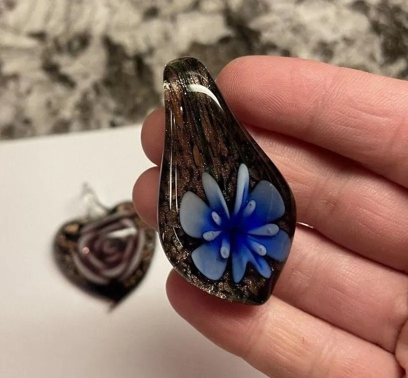 Lot Of 3 Costume Pendants / Charms - Blown Art Glass Mix - Heart Flower Etc - Image 11